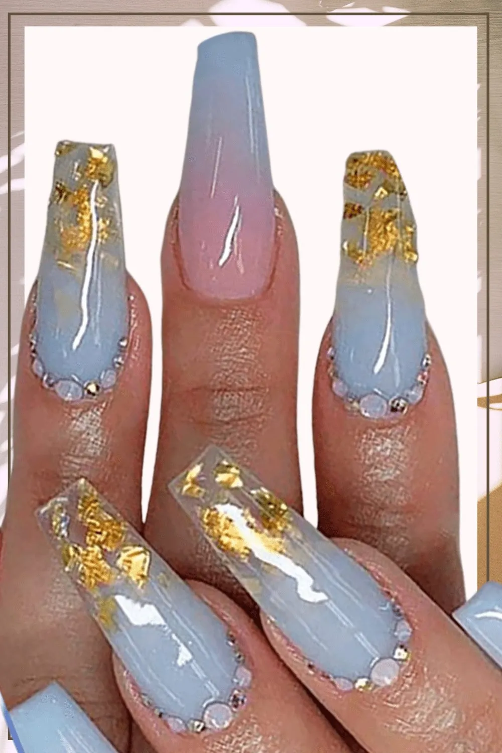Blue & Pink Ombre Coffin Rhinestone Press On Nails Kit