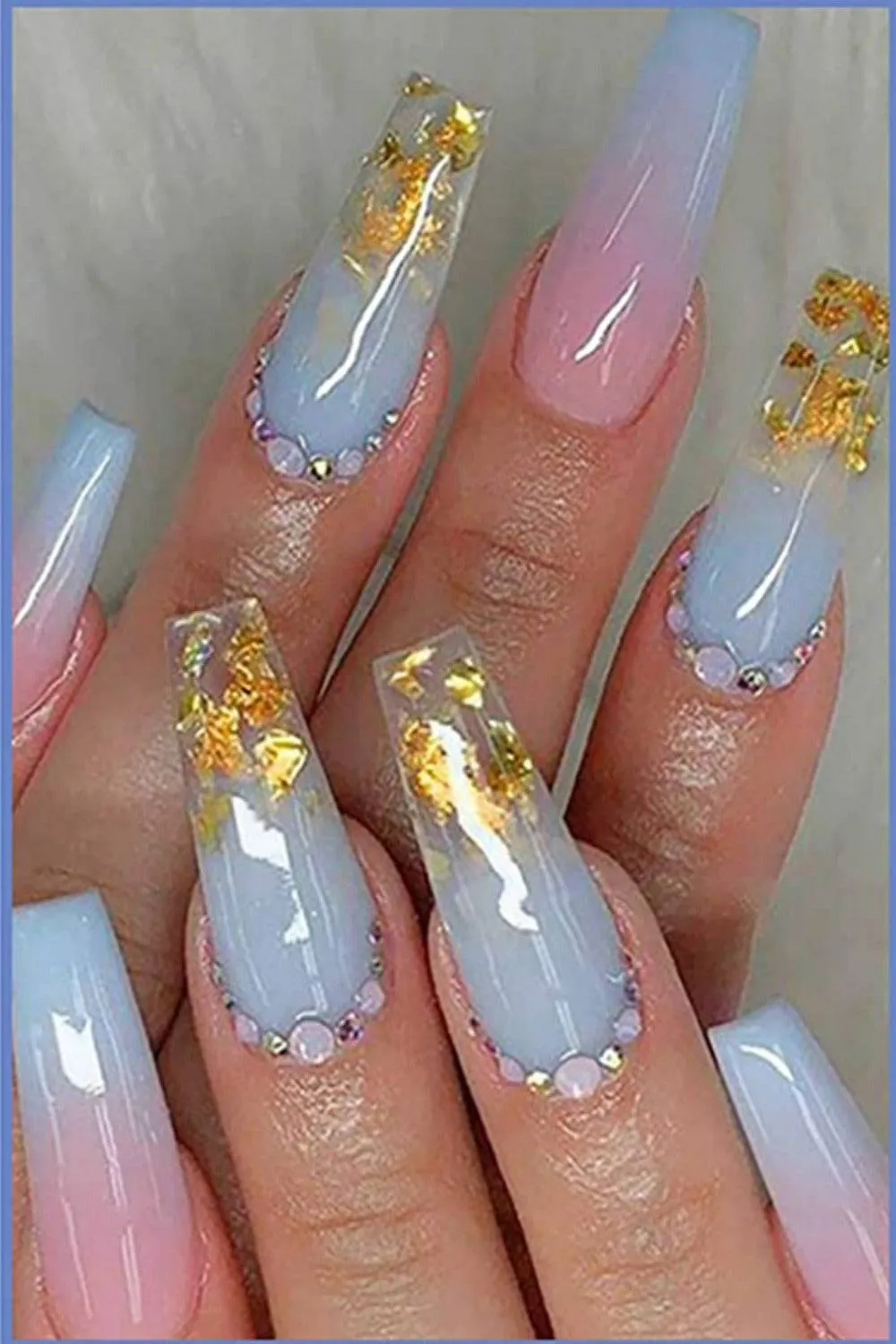 Blue & Pink Ombre Coffin Rhinestone Press On Nails Kit