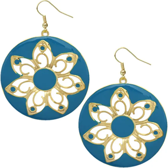 Blue Glossy Floral Dangle Earrings