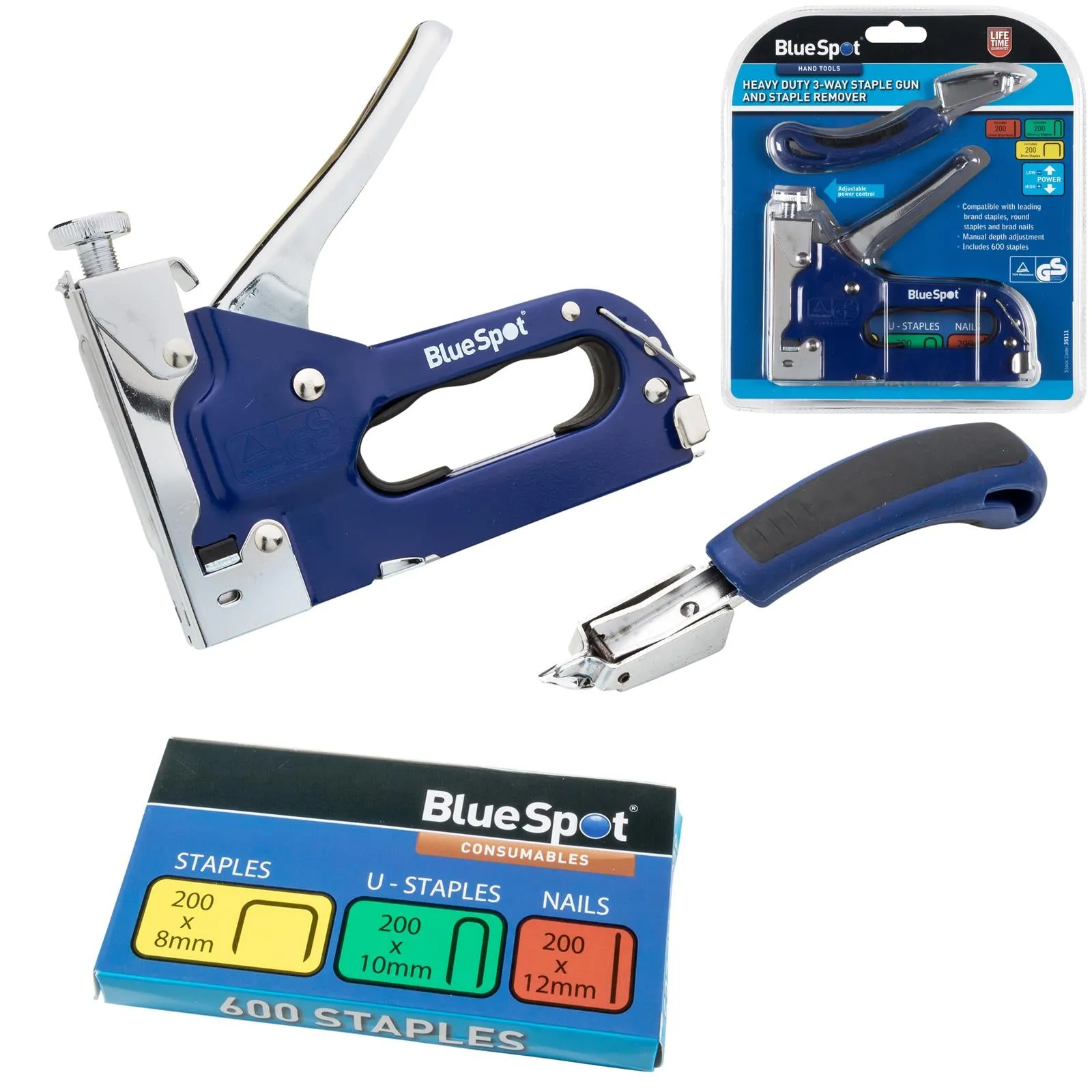 BlueSpot Staple Gun and Staple Remover Set Heavy Duty 3 Way