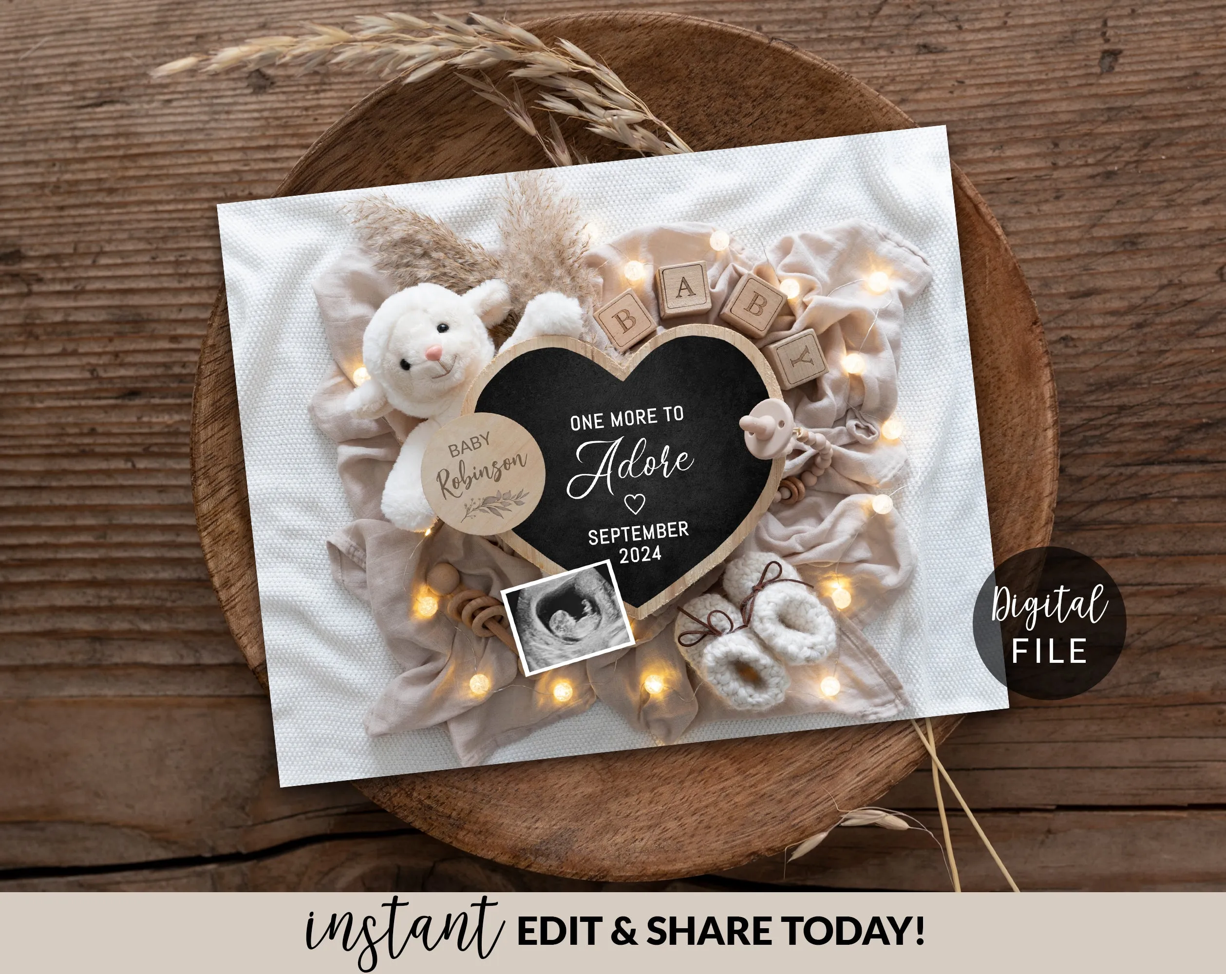 Boho Digital Pregnancy Announcement Template - Mama Lamb & Heart