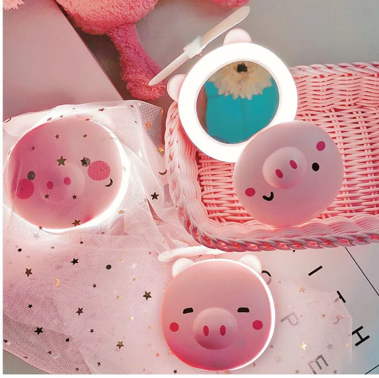 Cartoon Pig Portable LED Fill Light Makeup Mirror Fan USB Charging Portable Handheld Mini Fan  Closed eyes_General purpose