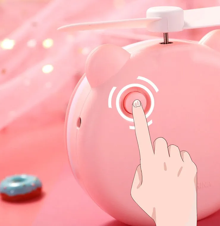 Cartoon Pig Portable LED Fill Light Makeup Mirror Fan USB Charging Portable Handheld Mini Fan  Closed eyes_General purpose