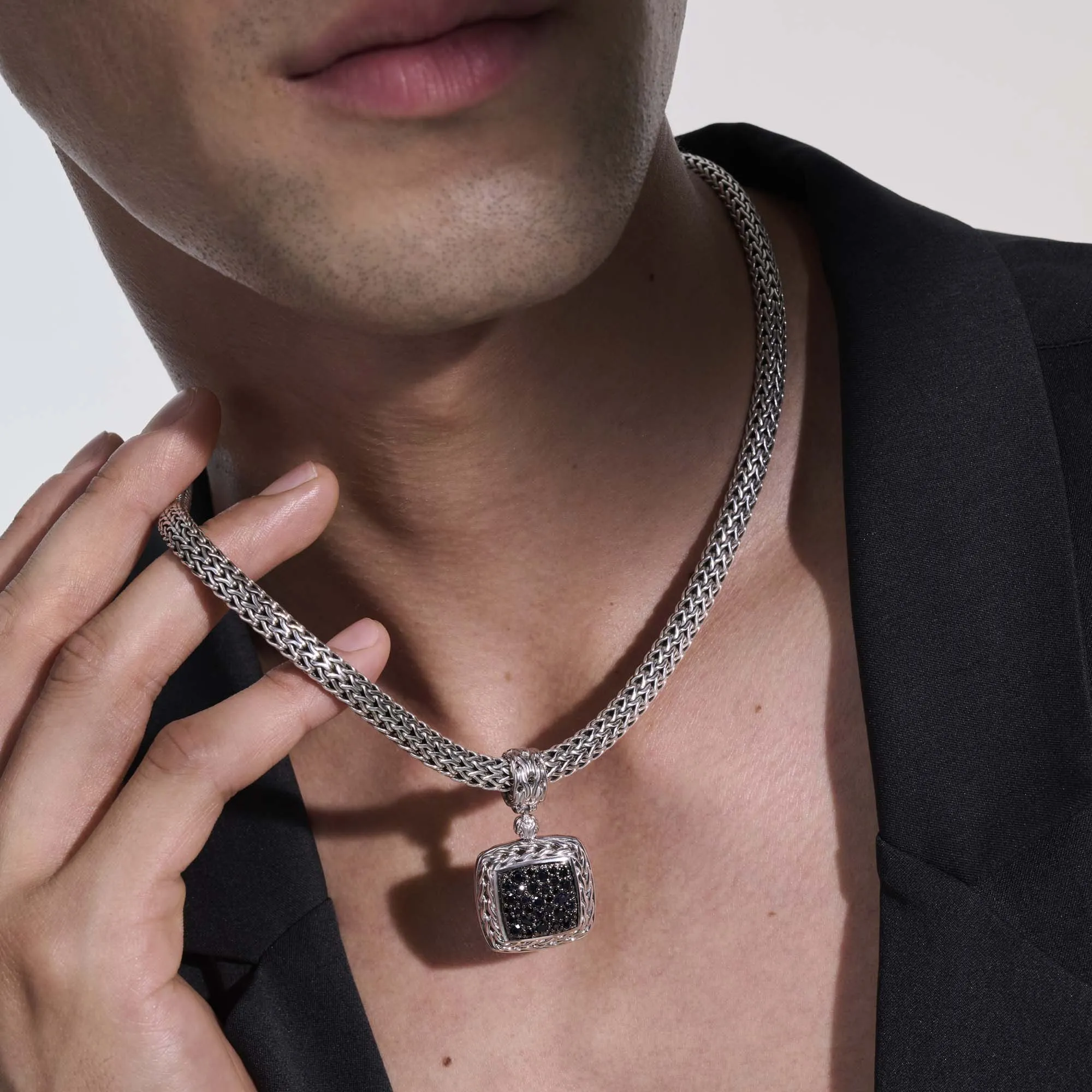 Carved Chain Pendant with Pavé Black Sapphires