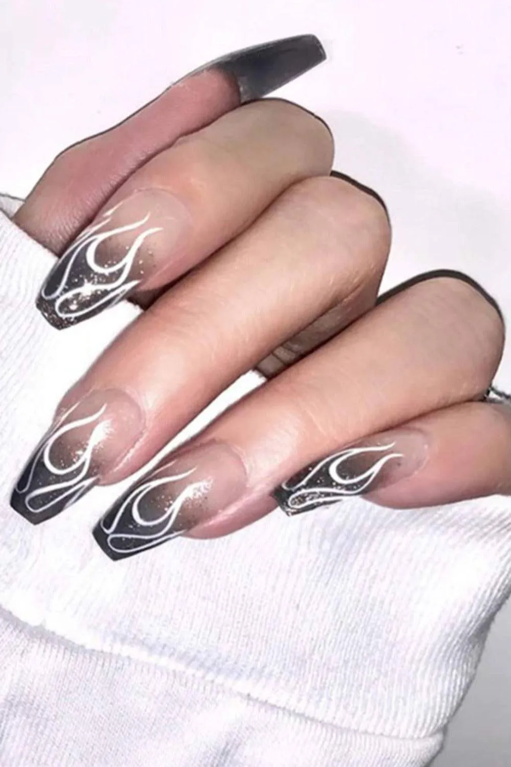 Clear Press On Nails Black Ombre Glossy Coffin Flame Nail Kit