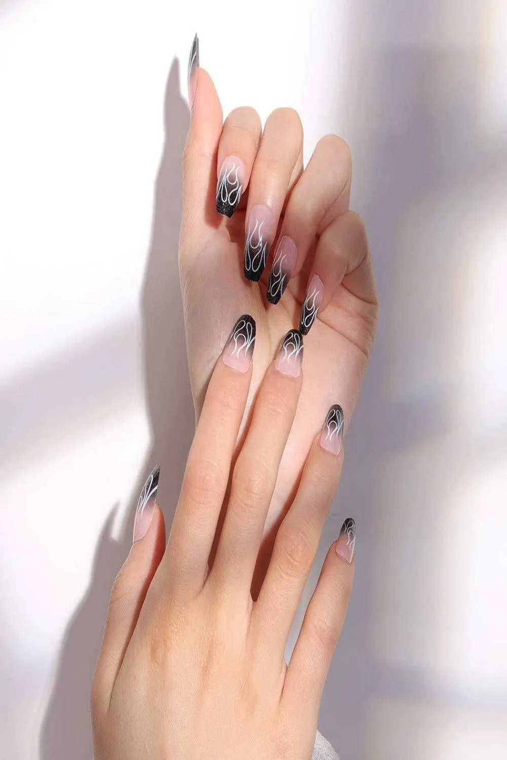 Clear Press On Nails Black Ombre Glossy Coffin Flame Nail Kit