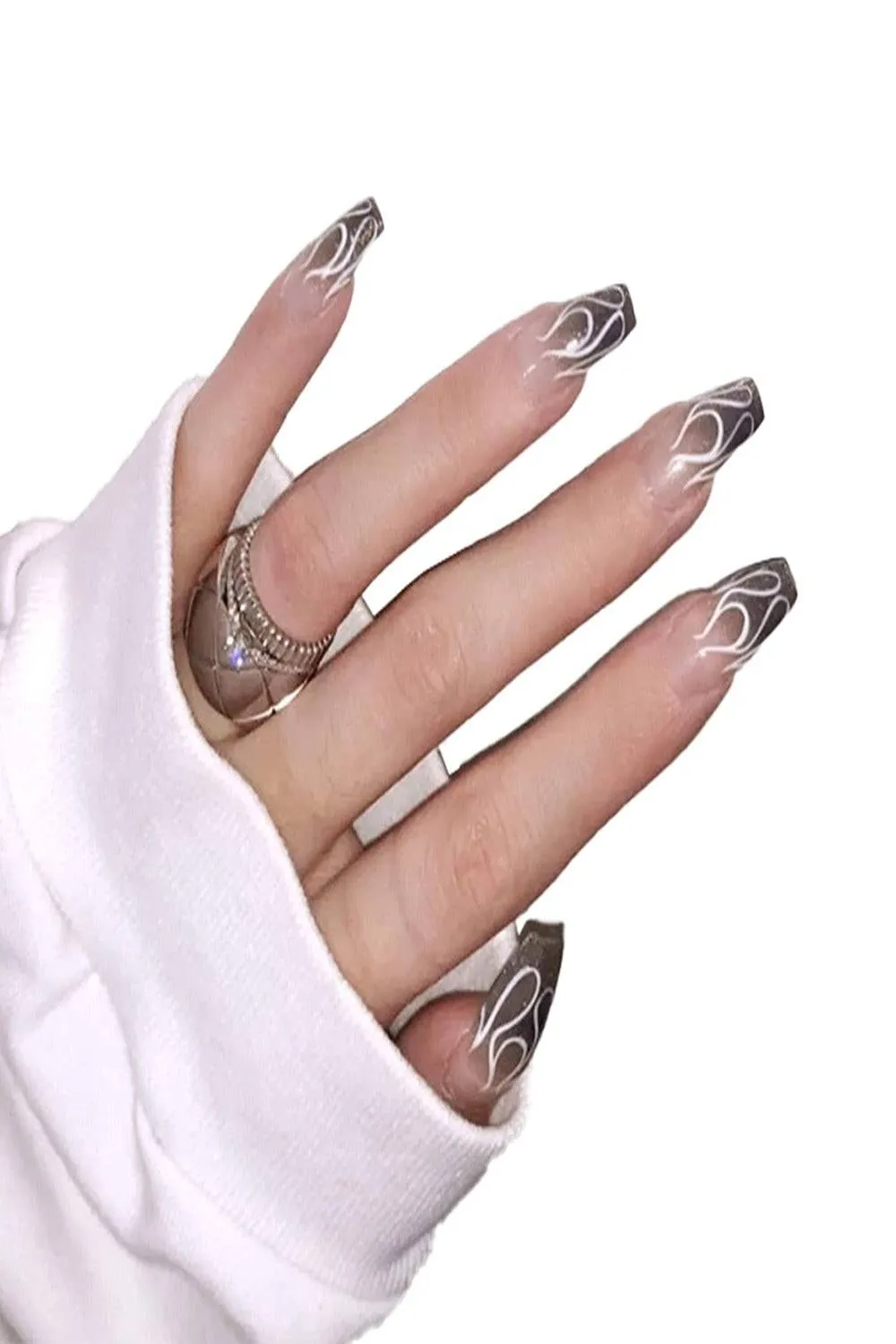Clear Press On Nails Black Ombre Glossy Coffin Flame Nail Kit
