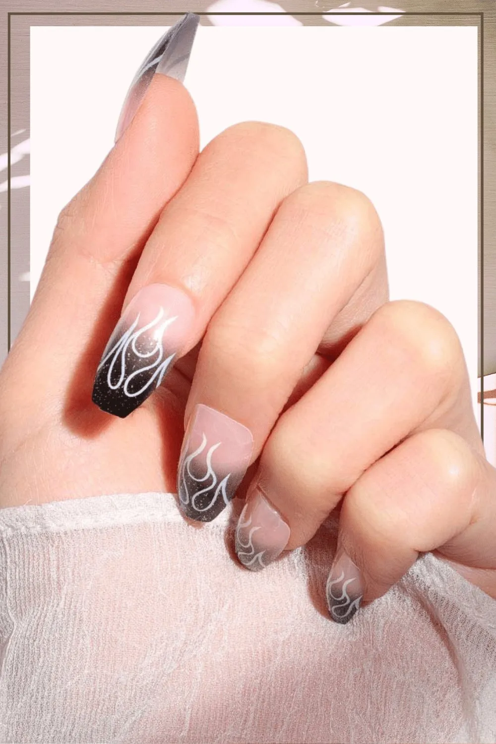 Clear Press On Nails Black Ombre Glossy Coffin Flame Nail Kit