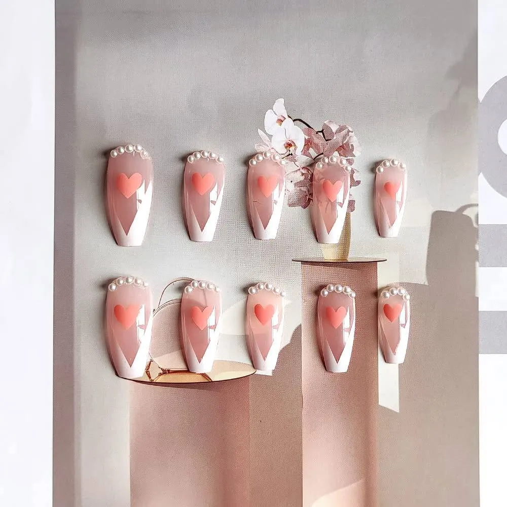 Clear Press On Nails White French Glossy Coffin Heart Nail Kit