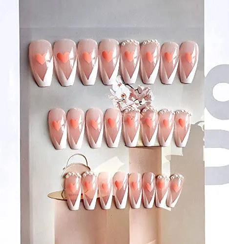 Clear Press On Nails White French Glossy Coffin Heart Nail Kit