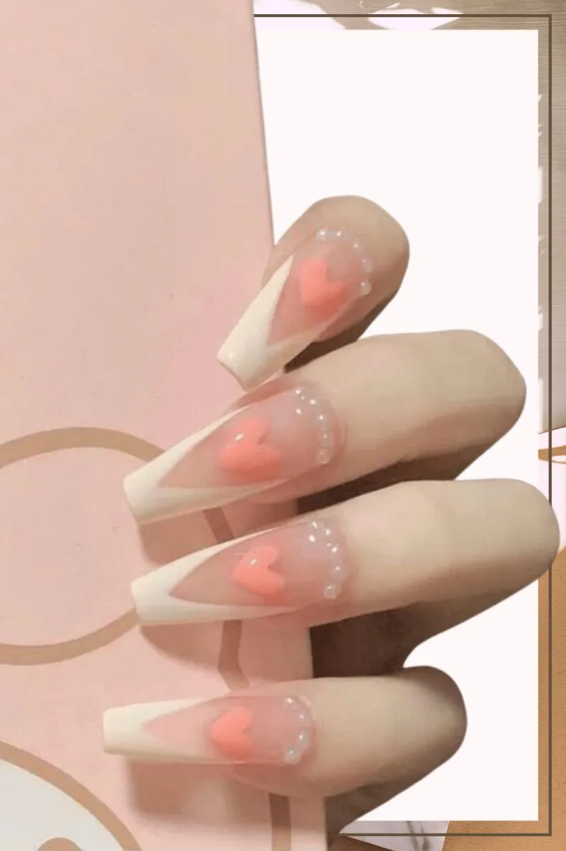 Clear Press On Nails White French Glossy Coffin Heart Nail Kit