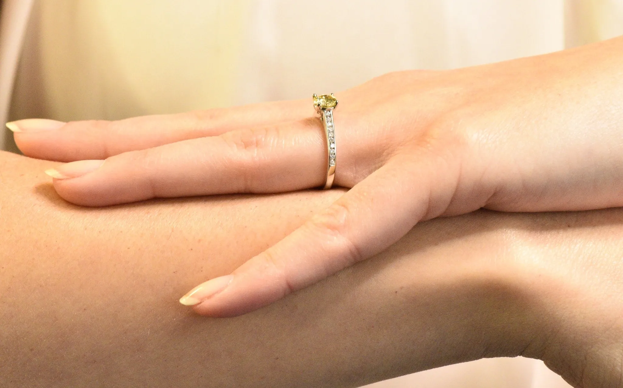 Contemporary 0.79 CTW Fancy Yellow Diamond 14 Karat White Gold Engagement Ring GIA