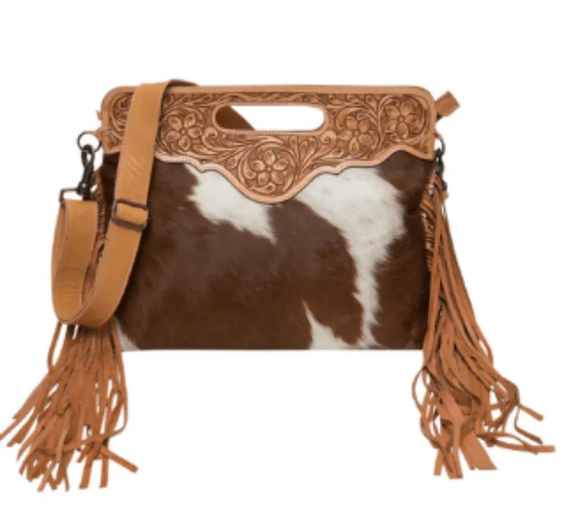 Cowhide Handbag with Fringe and Tooled Leather
