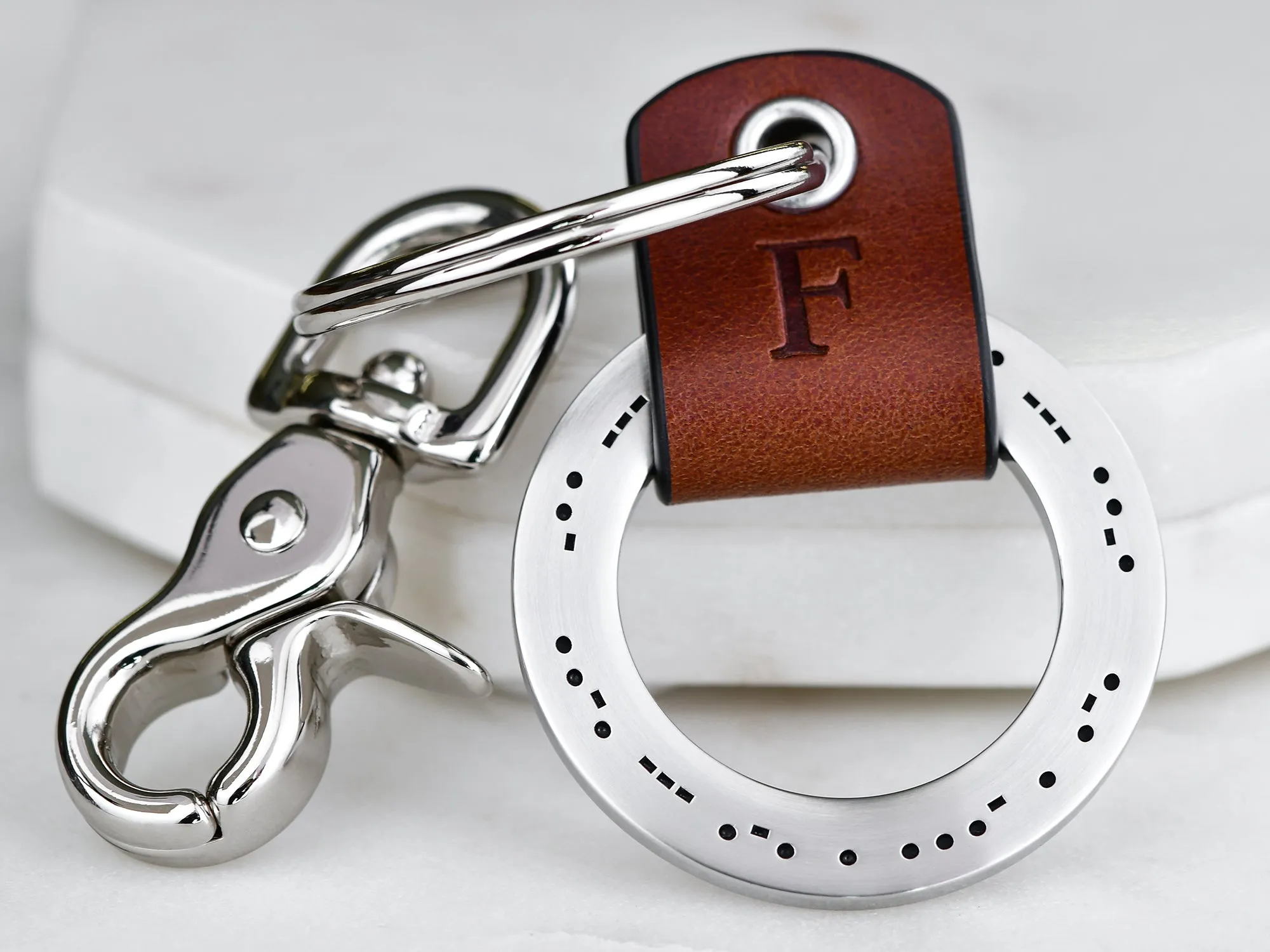 Custom Morse Code Leather Keychain Ring