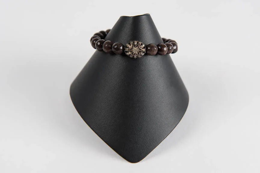 Dark plum agate with pave diamond flower bead