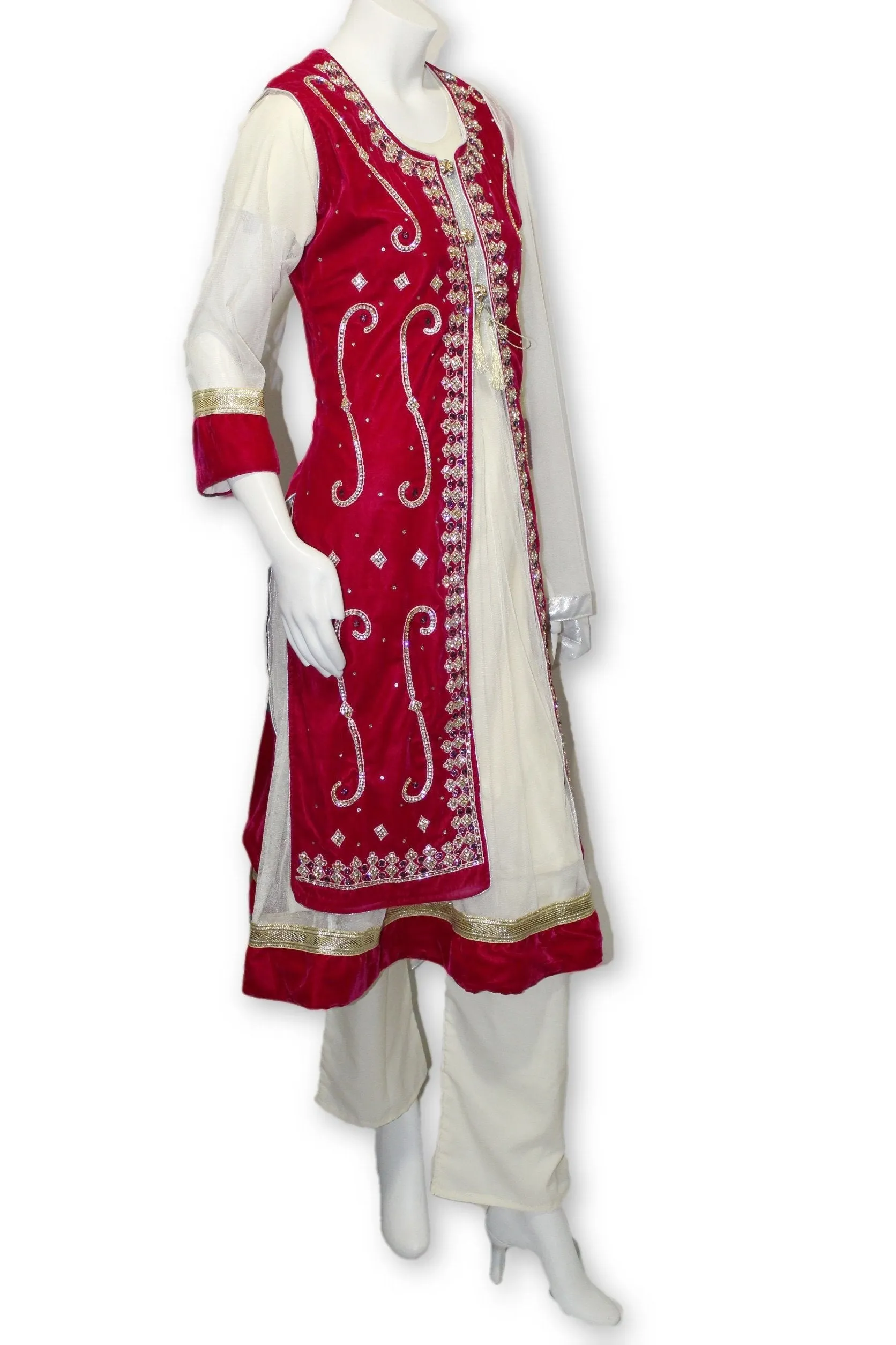 E22 Hot Pink Velvet Jacket 4 Pcs with Long Shirt Party Wear Pakistan Indian Style