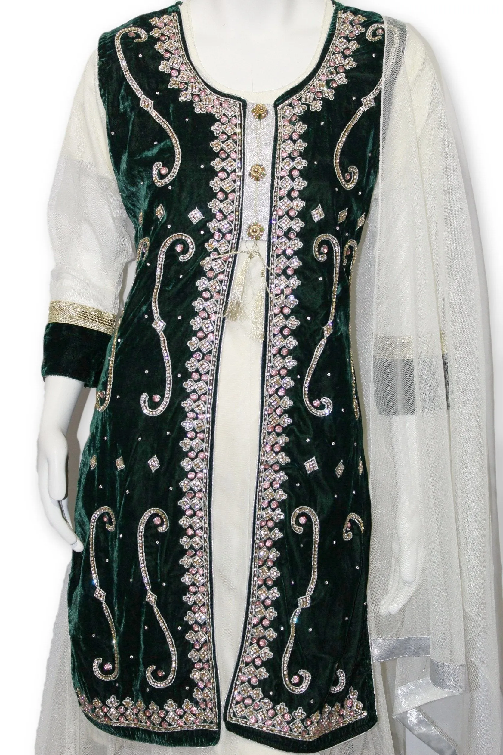 E24 Green Velvet Jacket 4 Pcs with Long Shirt Party Wear Pakistan Indian Style
