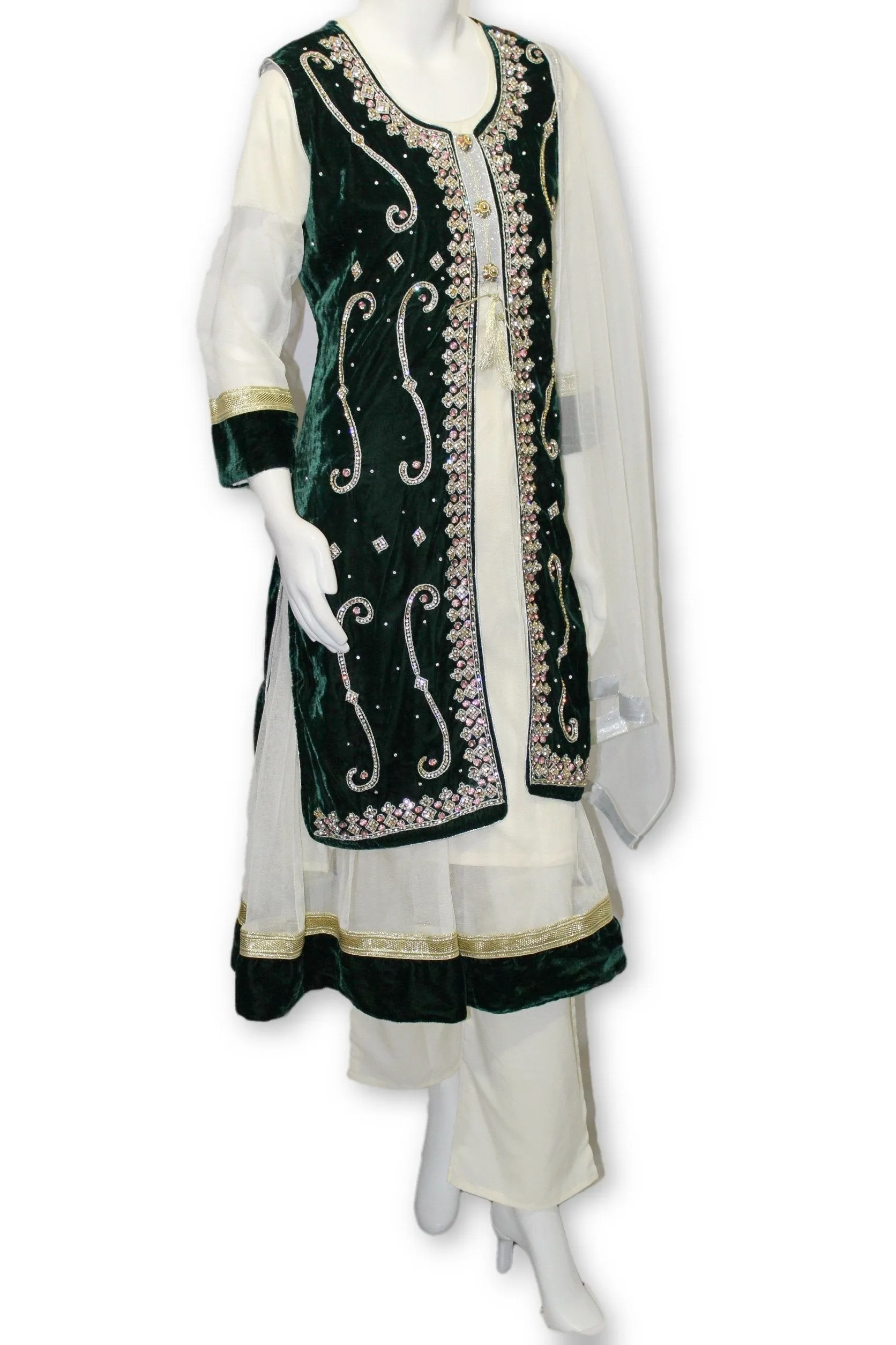 E24 Green Velvet Jacket 4 Pcs with Long Shirt Party Wear Pakistan Indian Style