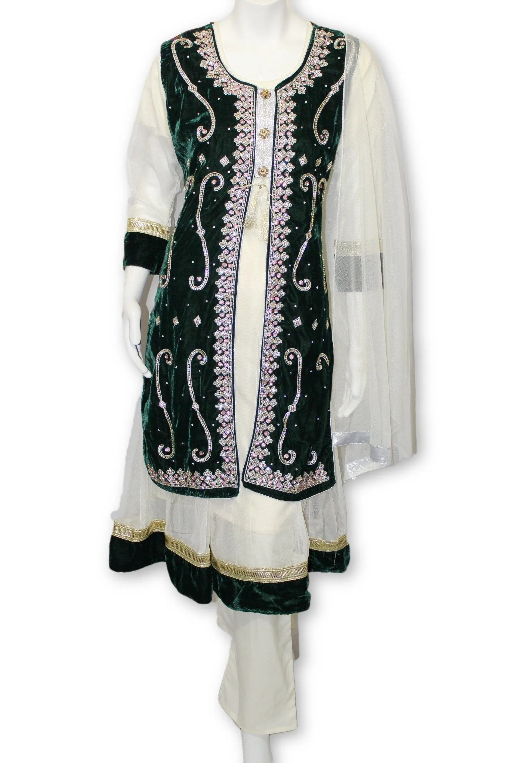 E24 Green Velvet Jacket 4 Pcs with Long Shirt Party Wear Pakistan Indian Style
