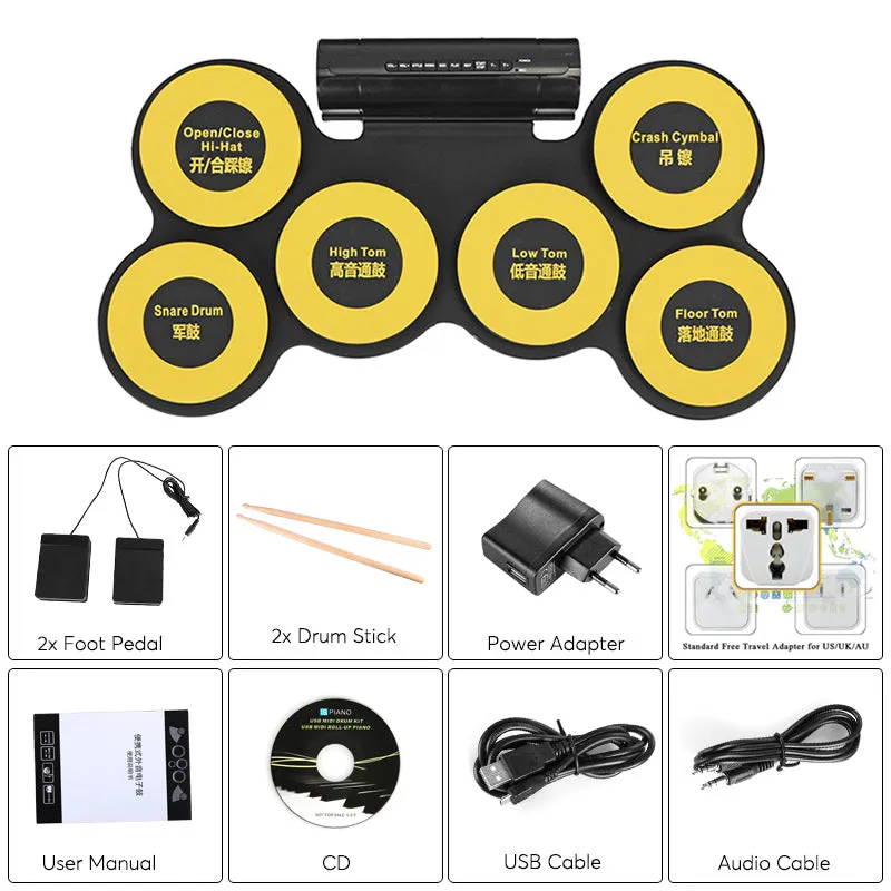 Electronic Drum Pad - 6 Drum Pads, 2 Foot Pedals, USB Port, Earphone Jack, Self-recording, Portable Design