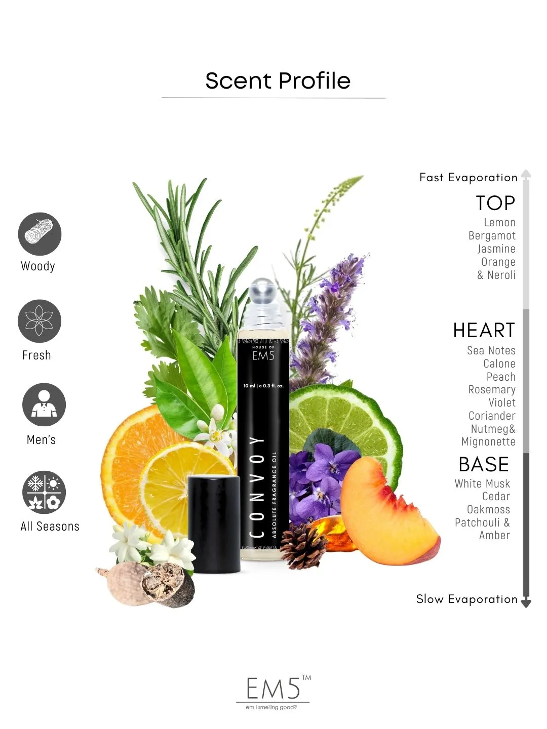 EM5™ Convoy | Perfume Oil Roll On (Attar) 90% Concentrate Non-Alcoholic for Men and Women, Strong and Long Lasting | Citrus Fresh Marine Fragrance Perfume Oil | 10ml Roll-On Easy to Carry and Travel Friendly