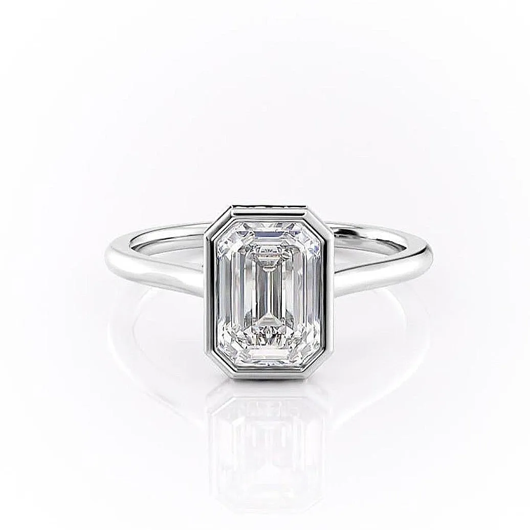 Emerald Cut Rubover Moissanite With Hidden Halo