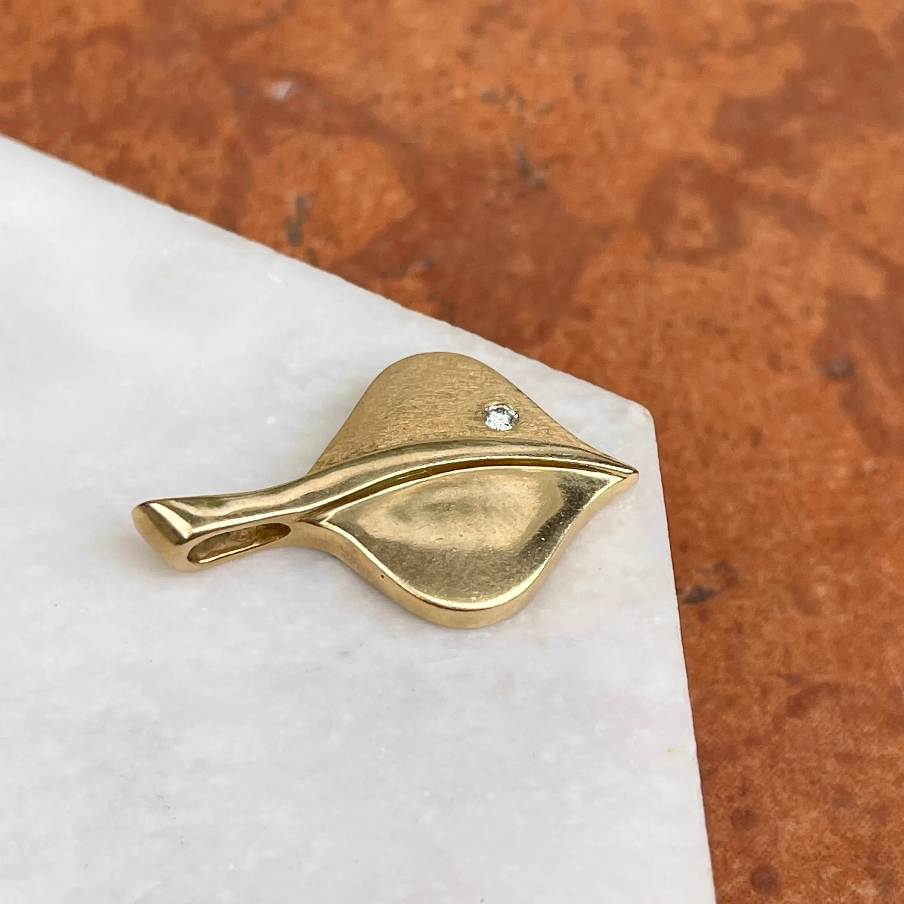 Estate 14KT Yellow Gold Matte   Shiny Aspen Leaf Diamond Pendant Slide