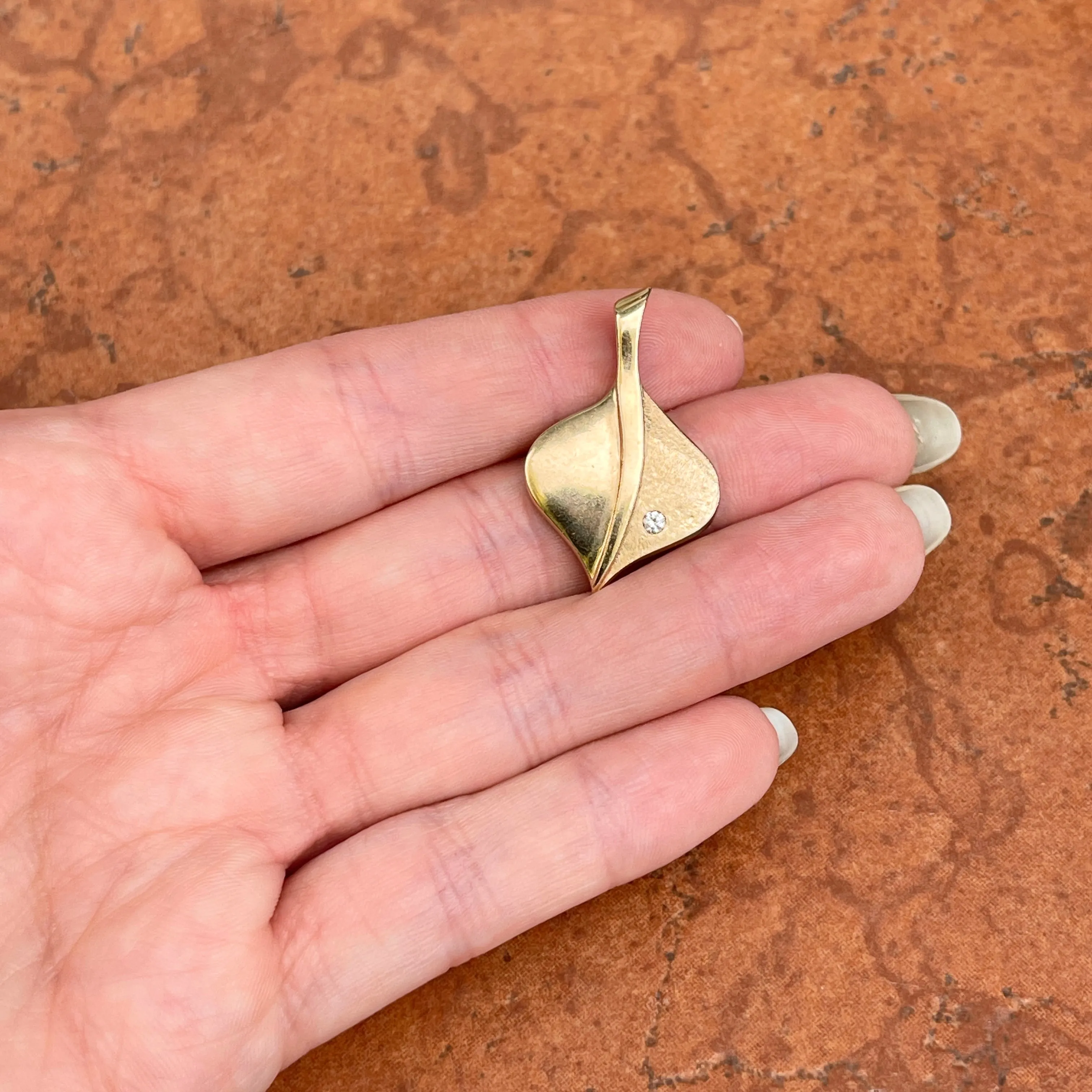 Estate 14KT Yellow Gold Matte   Shiny Aspen Leaf Diamond Pendant Slide
