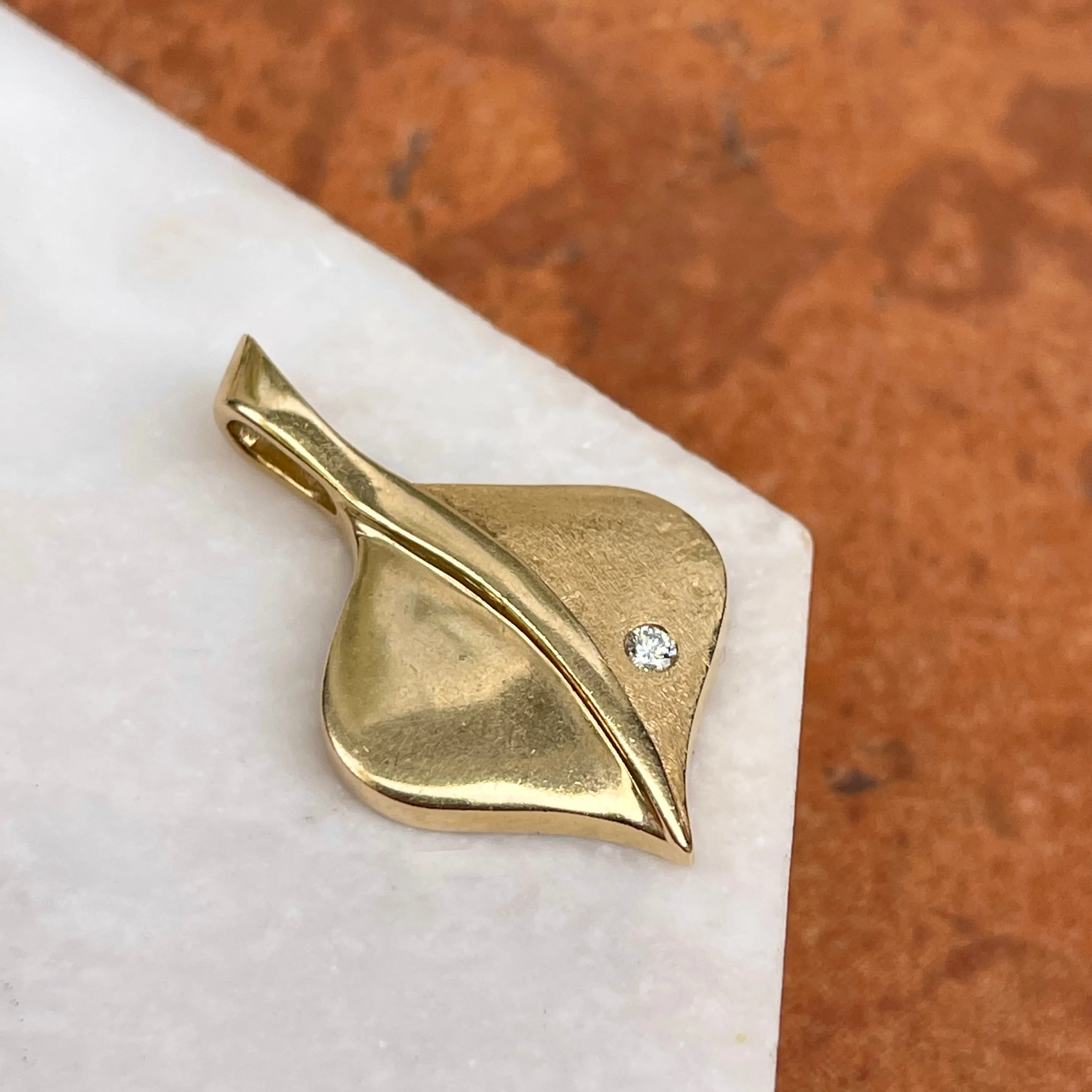 Estate 14KT Yellow Gold Matte   Shiny Aspen Leaf Diamond Pendant Slide