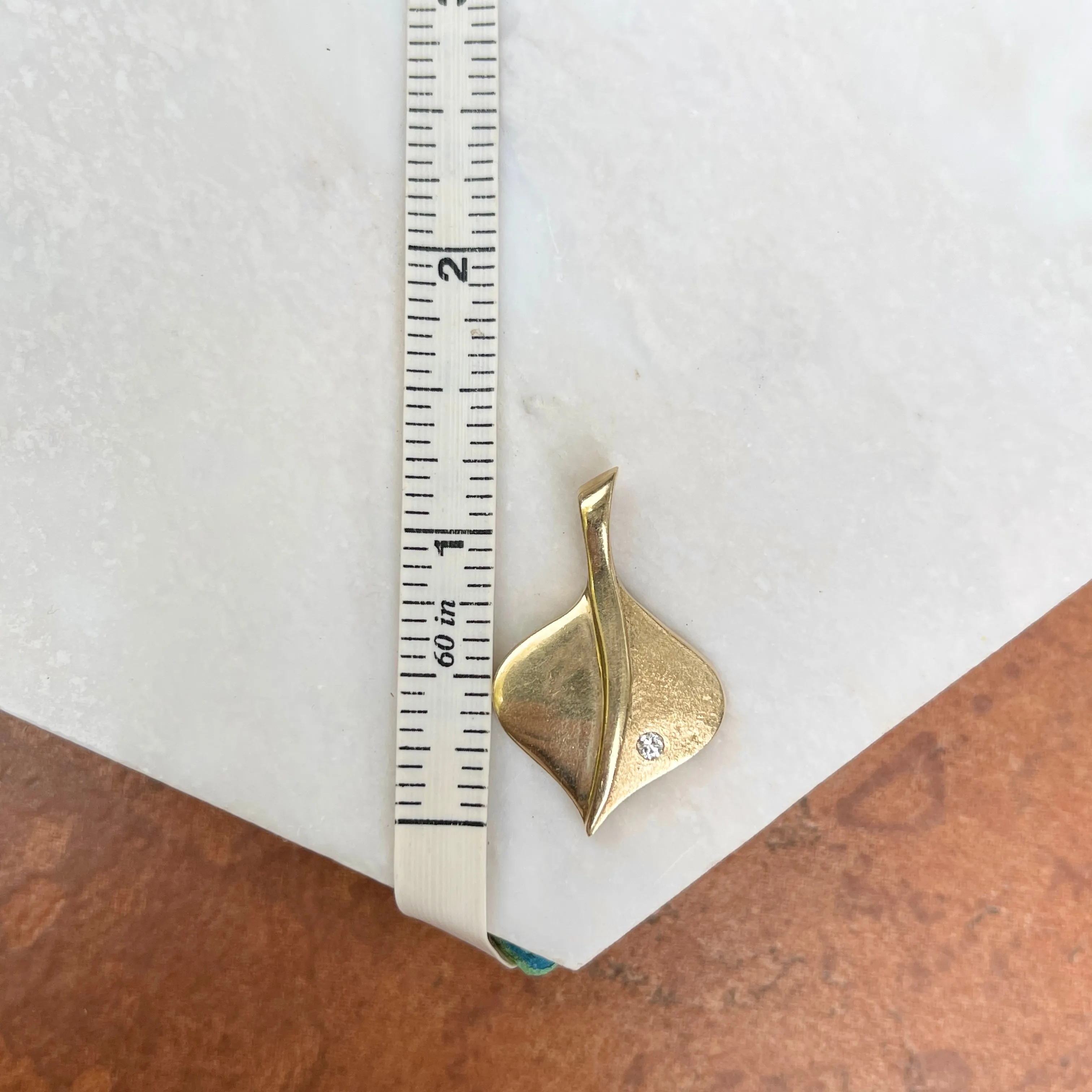 Estate 14KT Yellow Gold Matte   Shiny Aspen Leaf Diamond Pendant Slide