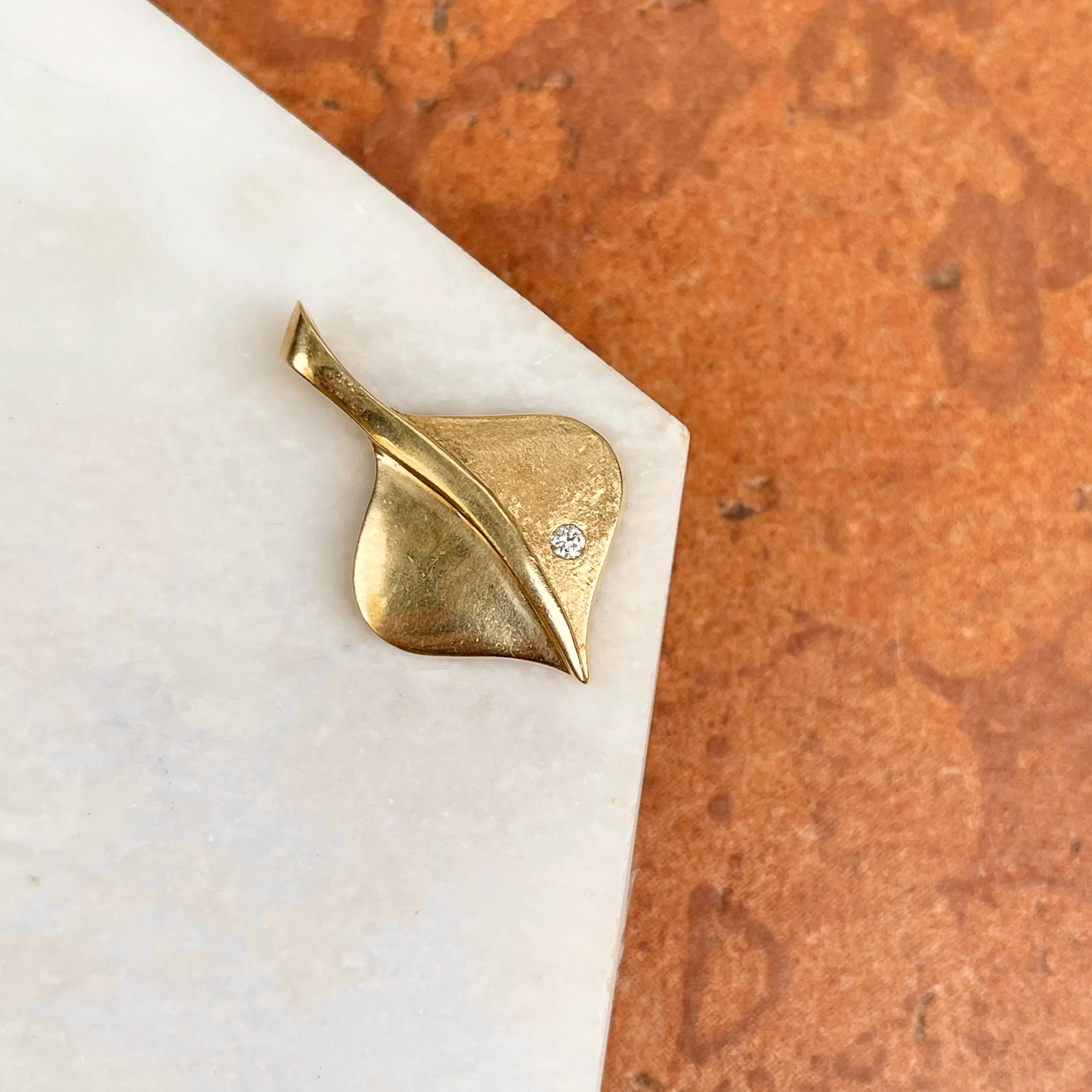 Estate 14KT Yellow Gold Matte   Shiny Aspen Leaf Diamond Pendant Slide