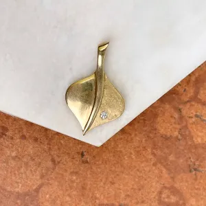 Estate 14KT Yellow Gold Matte   Shiny Aspen Leaf Diamond Pendant Slide