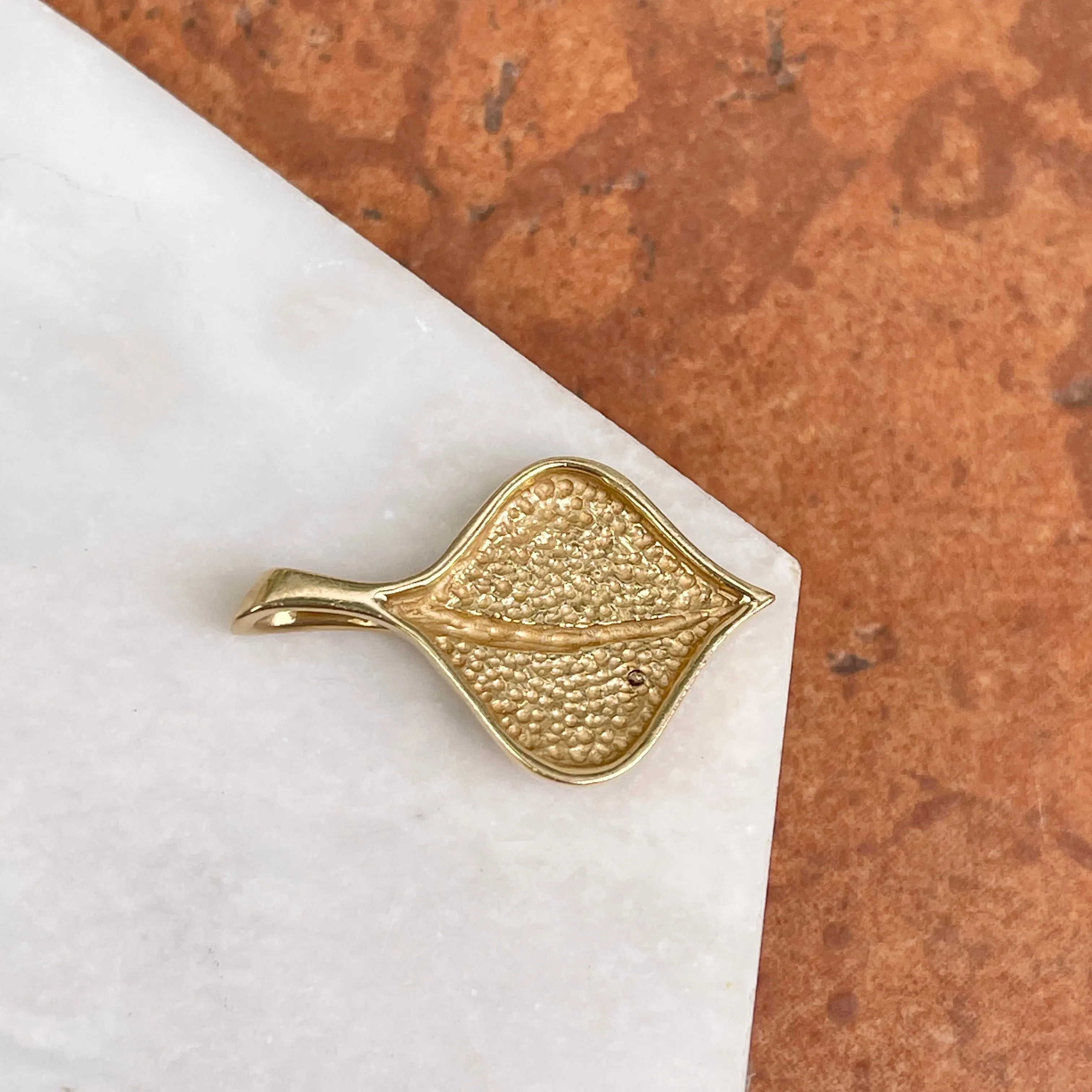 Estate 14KT Yellow Gold Matte   Shiny Aspen Leaf Diamond Pendant Slide