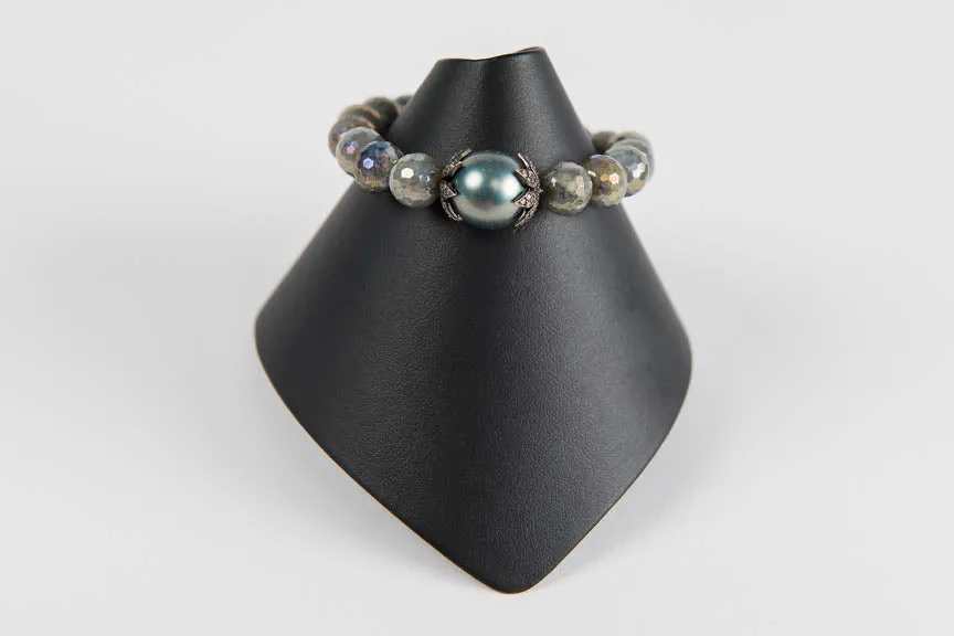 Faceted mystic labradorite with mother of pearl and pave diamond bead caps