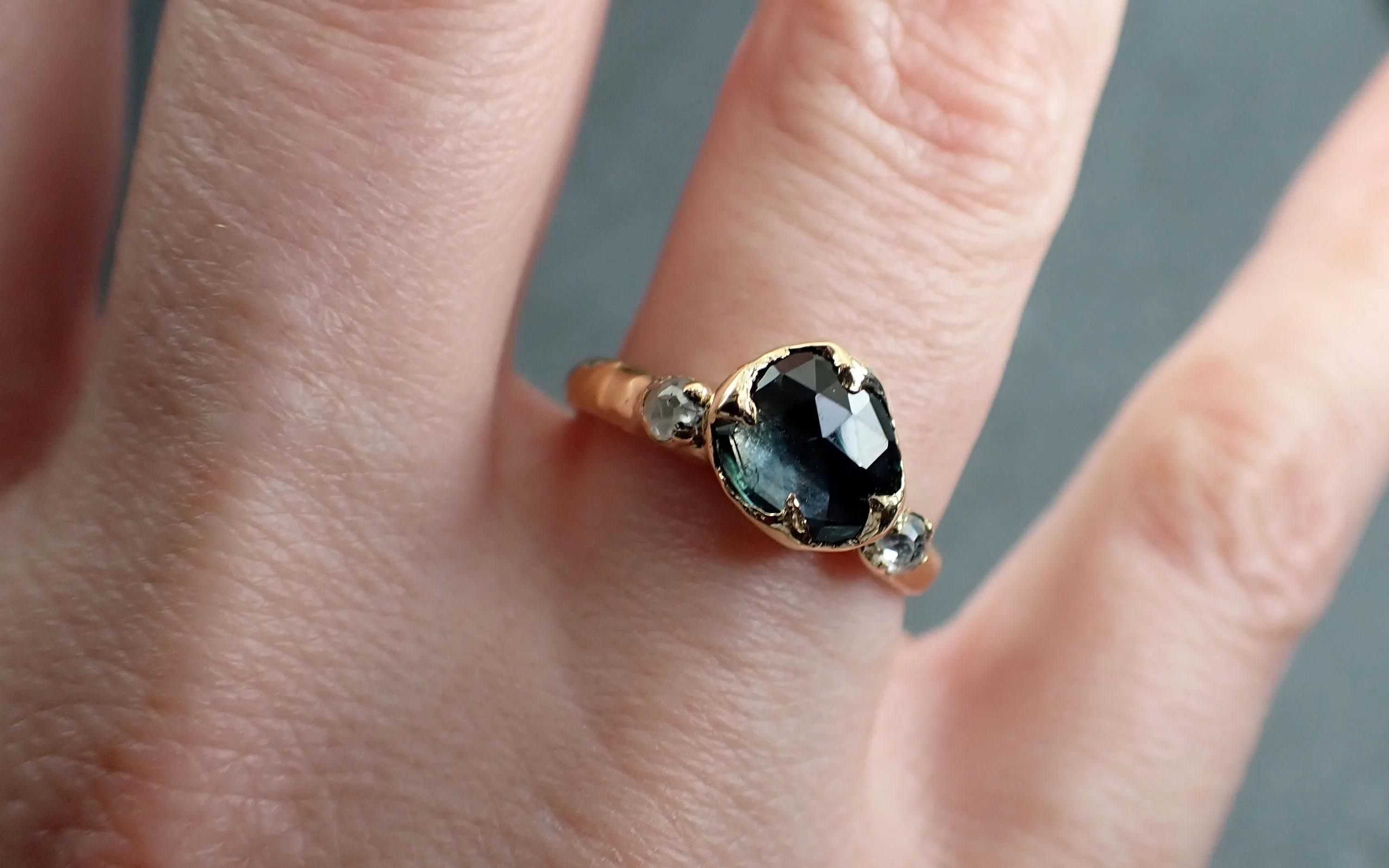 fancy cut blue green montana sapphire and fancy cut diamonds 18k yellow gold engagement wedding ring gemstone ring multi stone ring 2910 Alternative Engagement