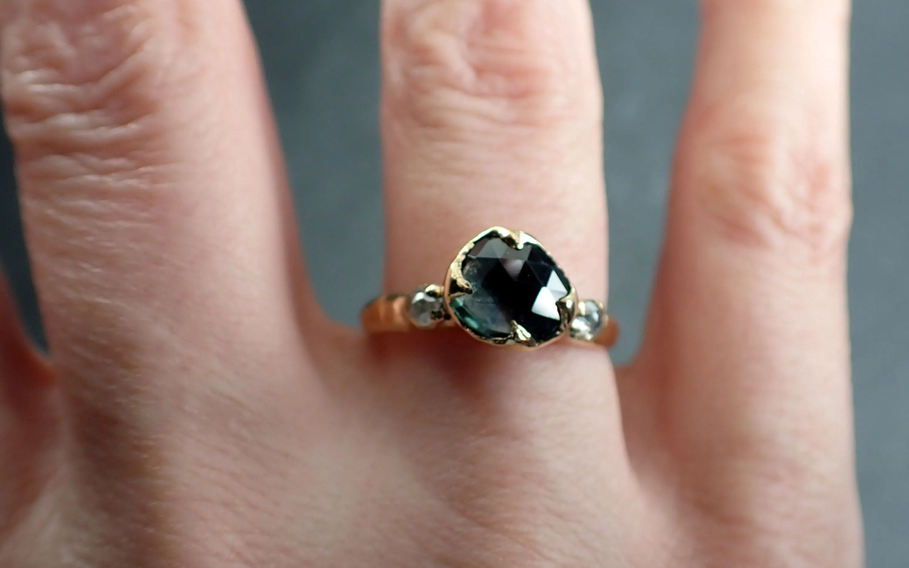 fancy cut blue green montana sapphire and fancy cut diamonds 18k yellow gold engagement wedding ring gemstone ring multi stone ring 2910 Alternative Engagement