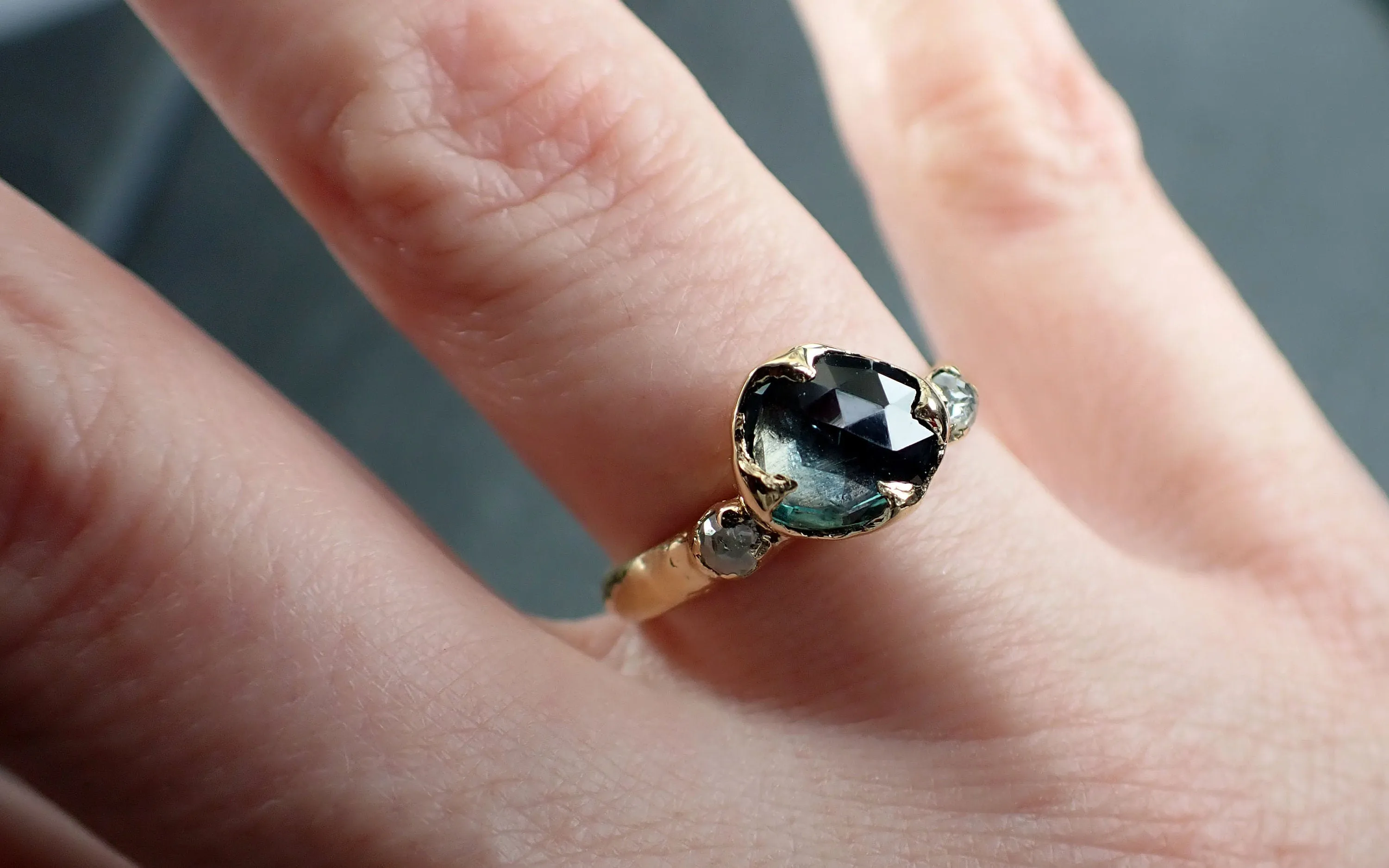 fancy cut blue green montana sapphire and fancy cut diamonds 18k yellow gold engagement wedding ring gemstone ring multi stone ring 2910 Alternative Engagement
