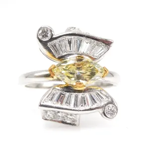Fancy Natural Yellow Marquise Cut Diamond Butterfly Ring with Baguettes in Platinum