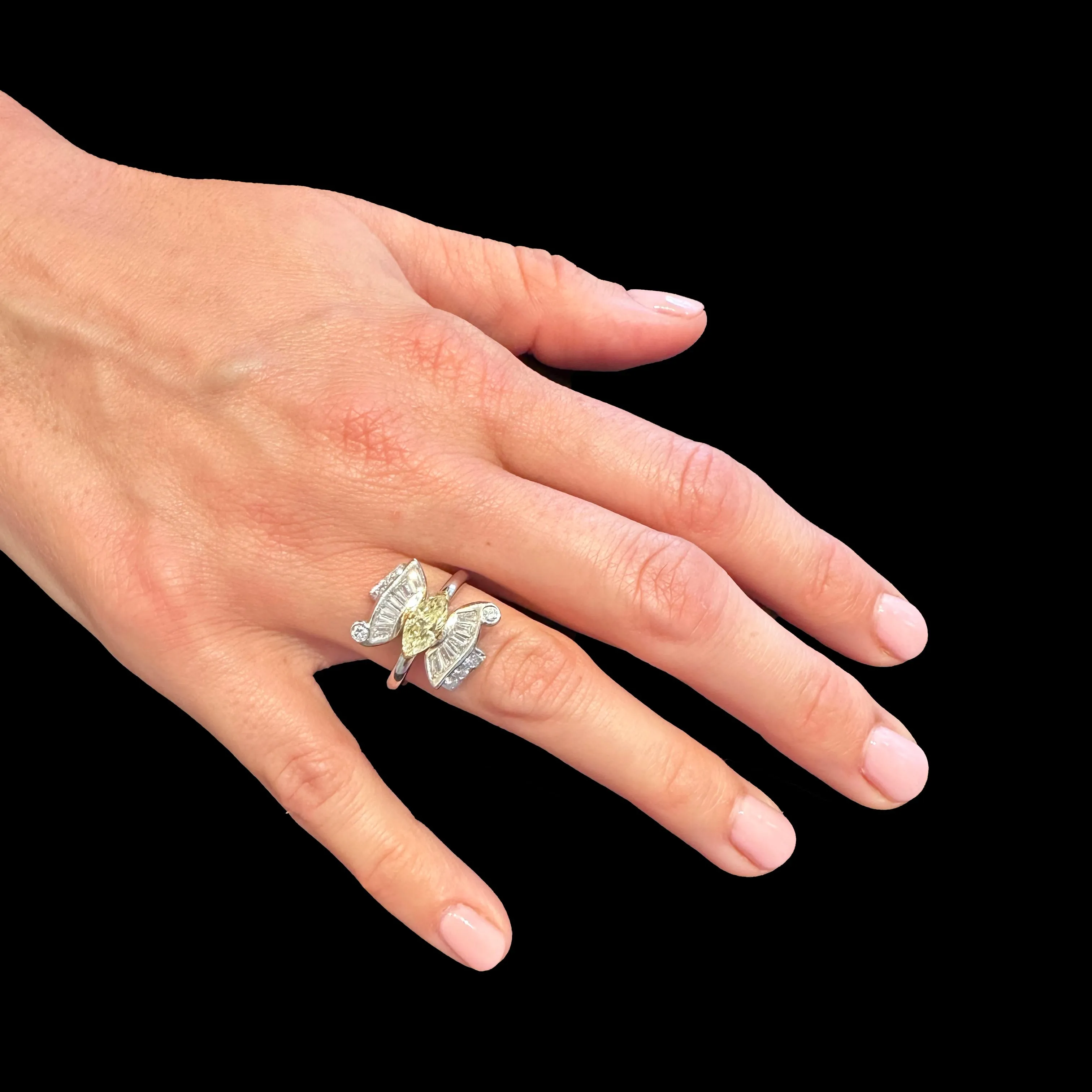 Fancy Natural Yellow Marquise Cut Diamond Butterfly Ring with Baguettes in Platinum