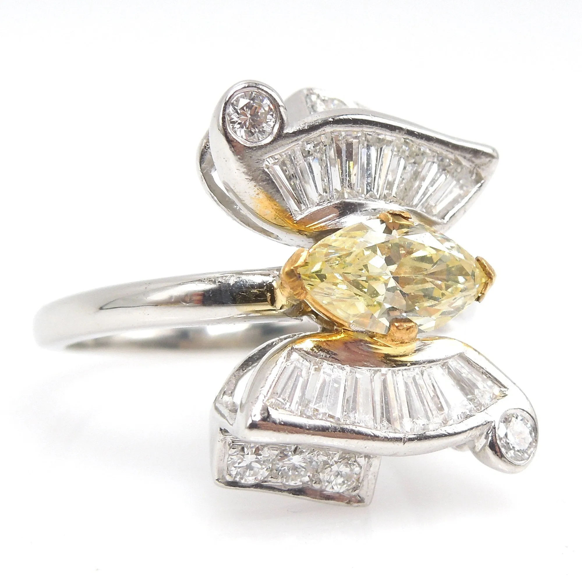 Fancy Natural Yellow Marquise Cut Diamond Butterfly Ring with Baguettes in Platinum