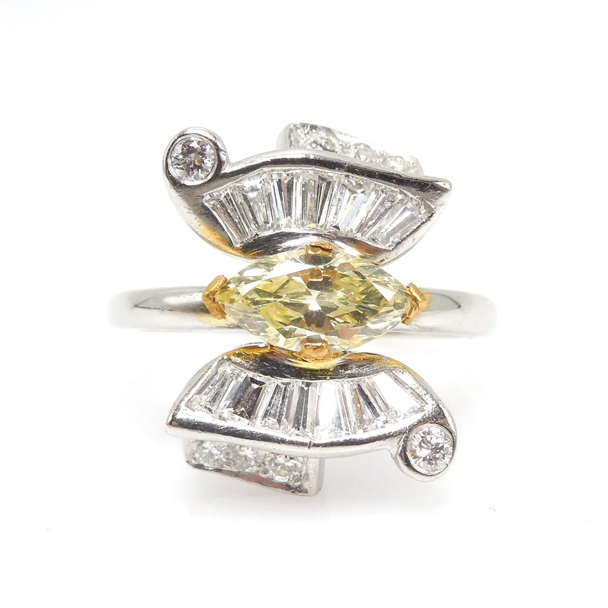 Fancy Natural Yellow Marquise Cut Diamond Butterfly Ring with Baguettes in Platinum