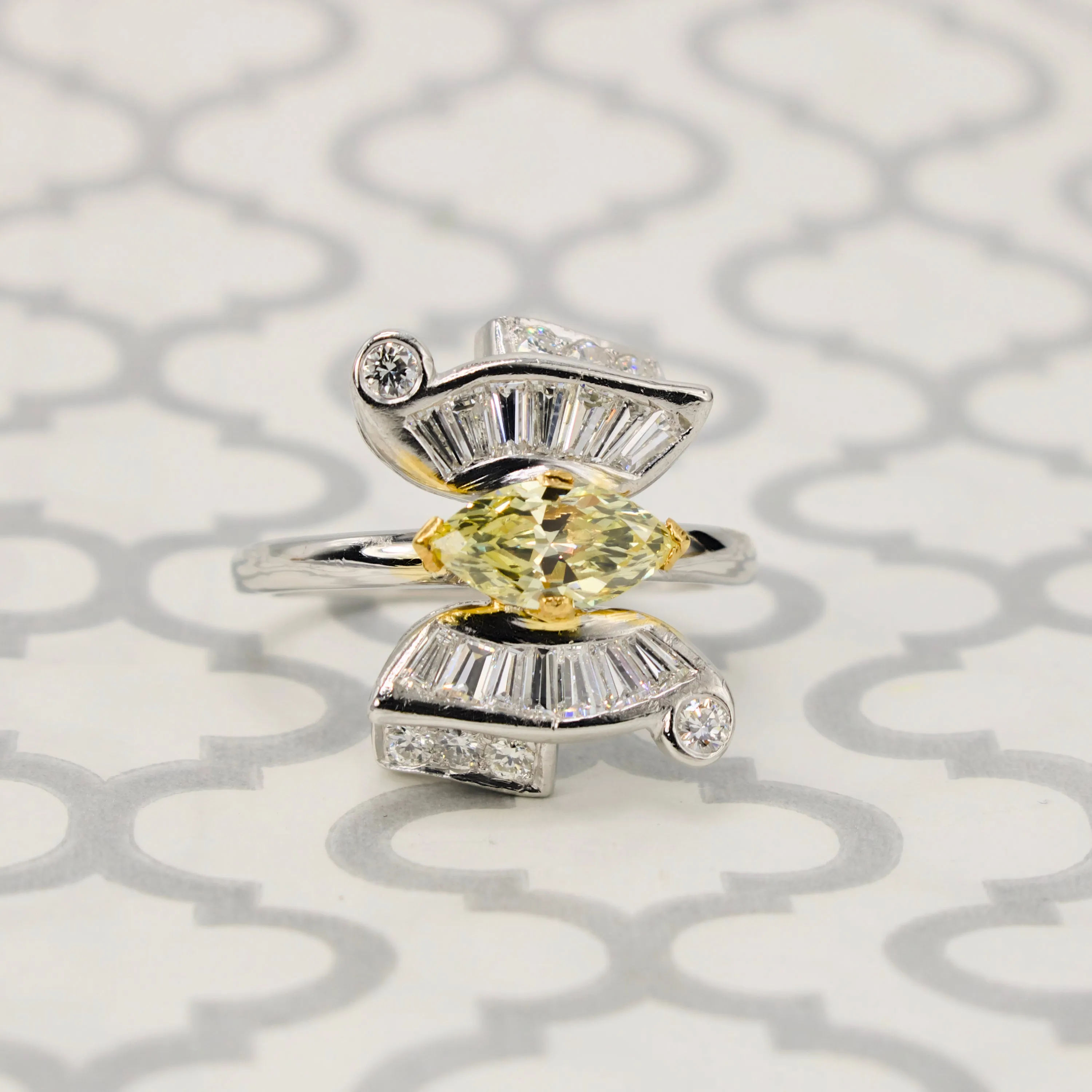 Fancy Natural Yellow Marquise Cut Diamond Butterfly Ring with Baguettes in Platinum