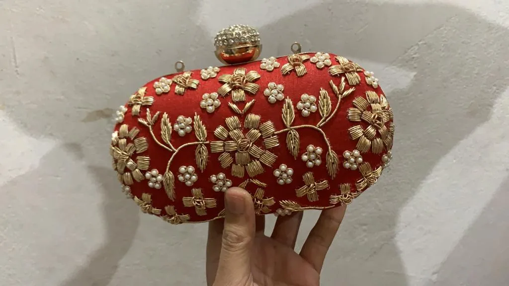 Fancy Red Moti Work Party Clutch