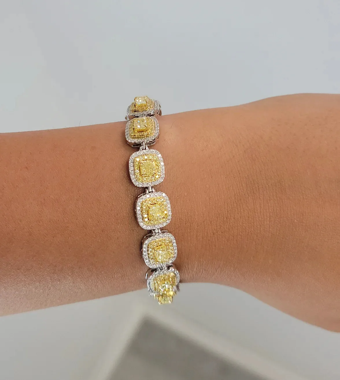 FANCY YELLOW CUSHION DOUBLE HALO BRACELET