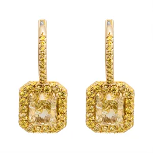 Fancy Yellow Diamond Earring with Radiant Cut Diamonds