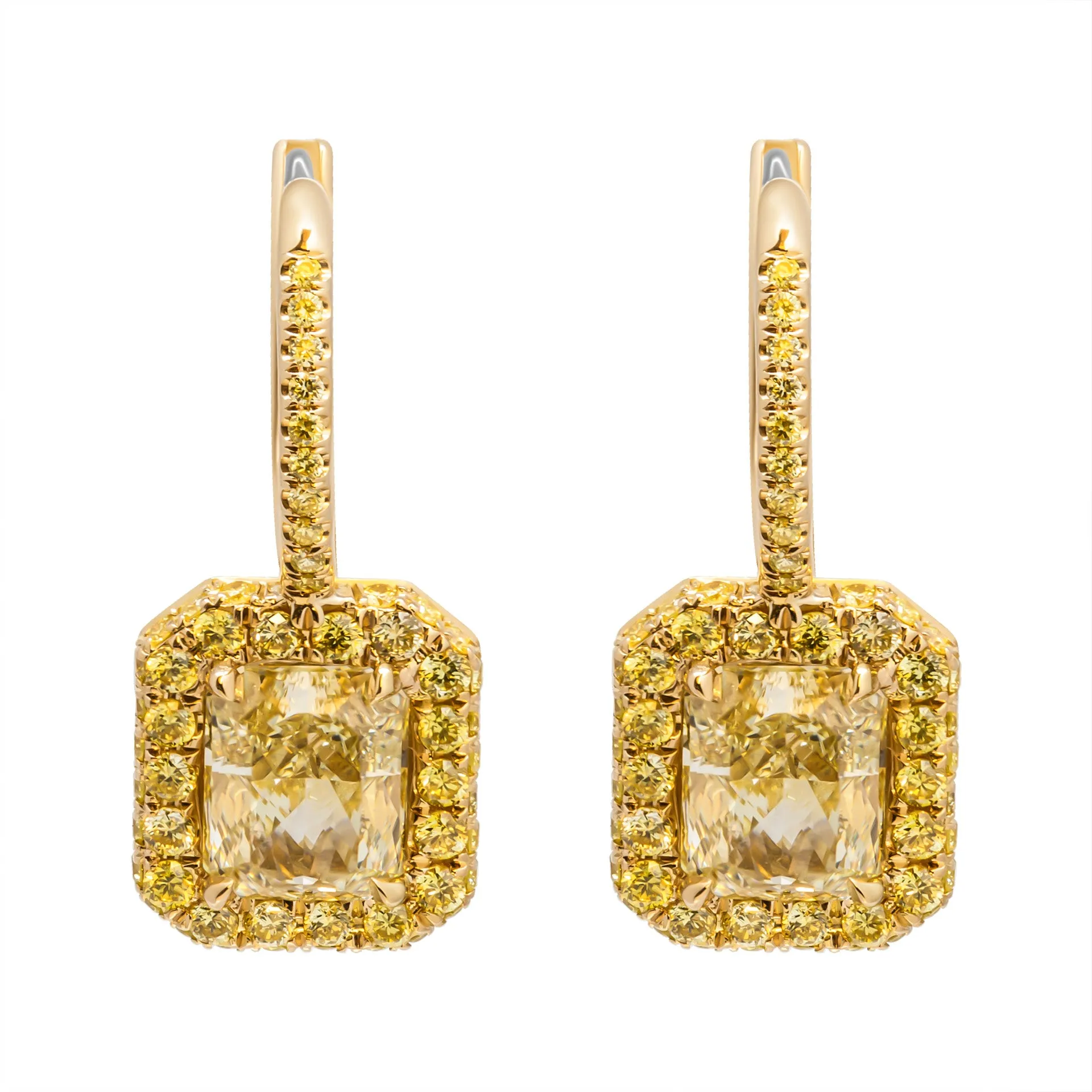 Fancy Yellow Diamond Earring with Radiant Cut Diamonds