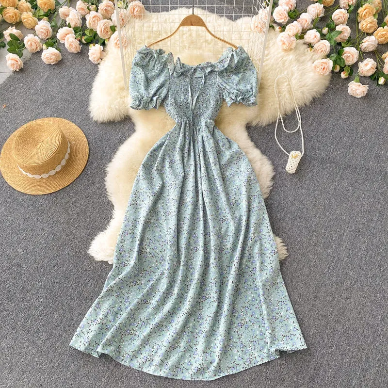 Fresh French Retro Fairy Slimming Floral Dress High Waist Drawstring Pleat and Waisted Figure Flattering Wide Hem Long Dress