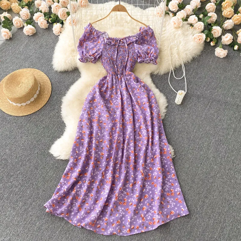 Fresh French Retro Fairy Slimming Floral Dress High Waist Drawstring Pleat and Waisted Figure Flattering Wide Hem Long Dress