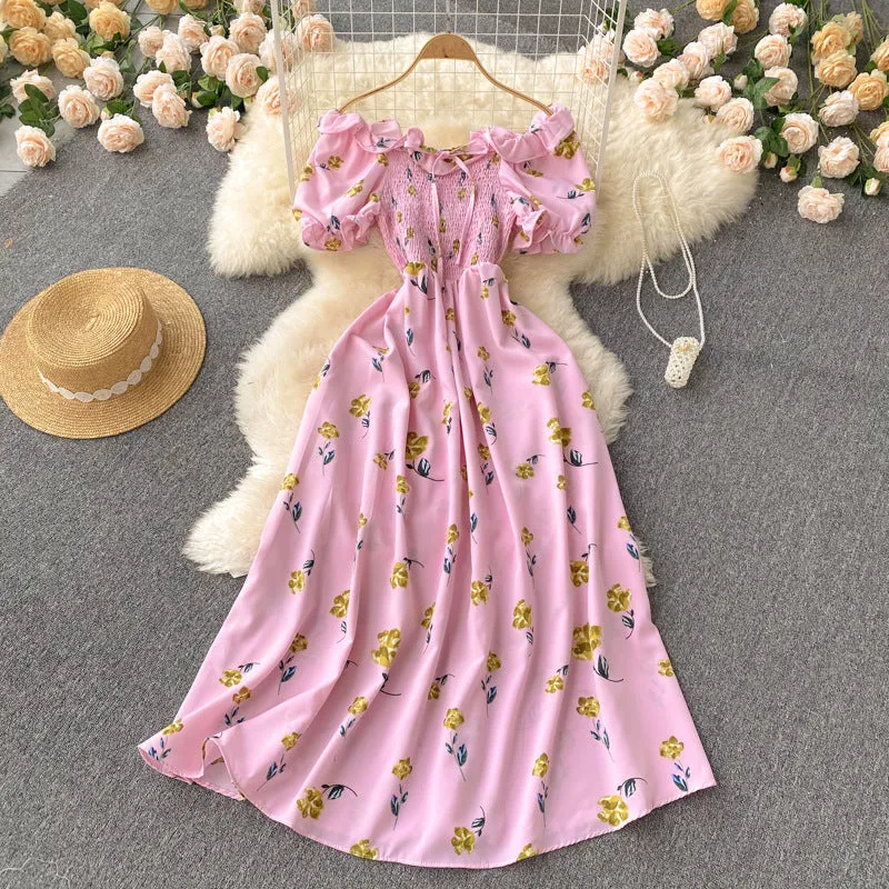 Fresh French Retro Fairy Slimming Floral Dress High Waist Drawstring Pleat and Waisted Figure Flattering Wide Hem Long Dress