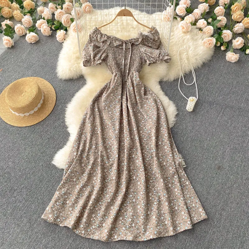 Fresh French Retro Fairy Slimming Floral Dress High Waist Drawstring Pleat and Waisted Figure Flattering Wide Hem Long Dress
